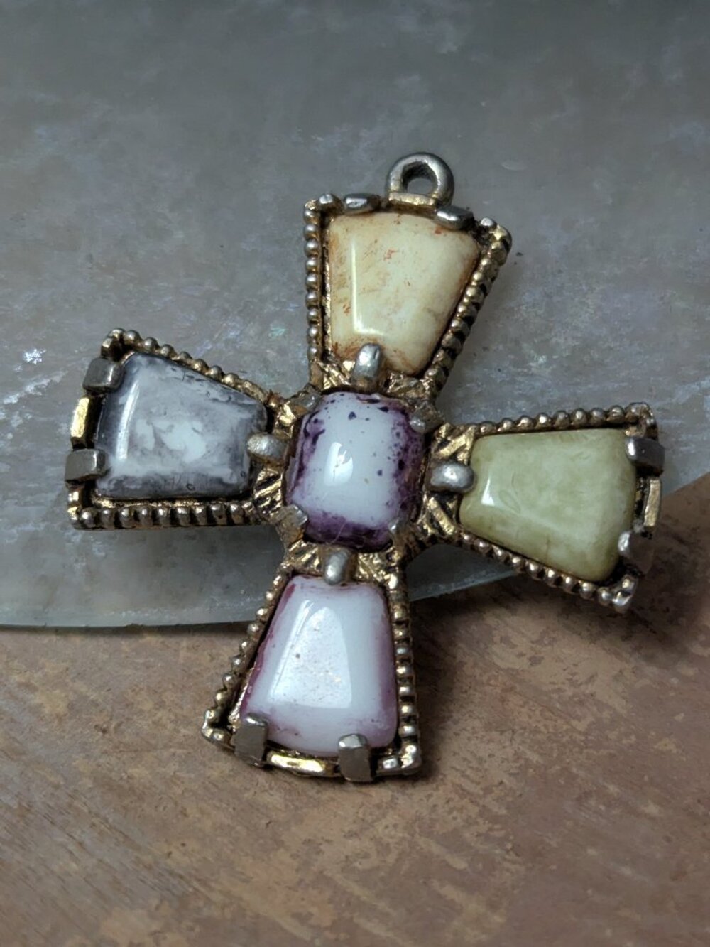 Vintage Scottish Jacobite white metal + art glass cross pendant